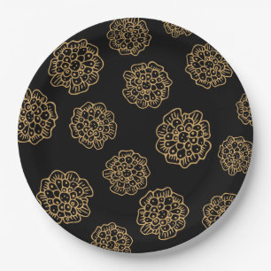 Elegant Halloween Golden Yellow Flowers on Black Paper Plate