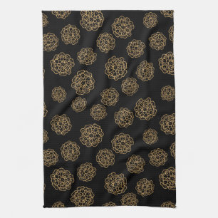 Elegant Halloween Golden Yellow Flowers on Black Tea Towel