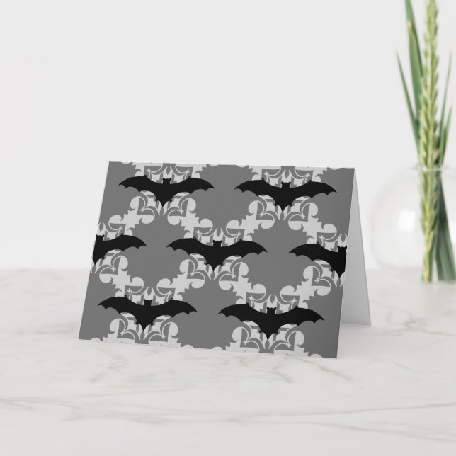 Elegant Halloween gothic bat on damask Card (Front)