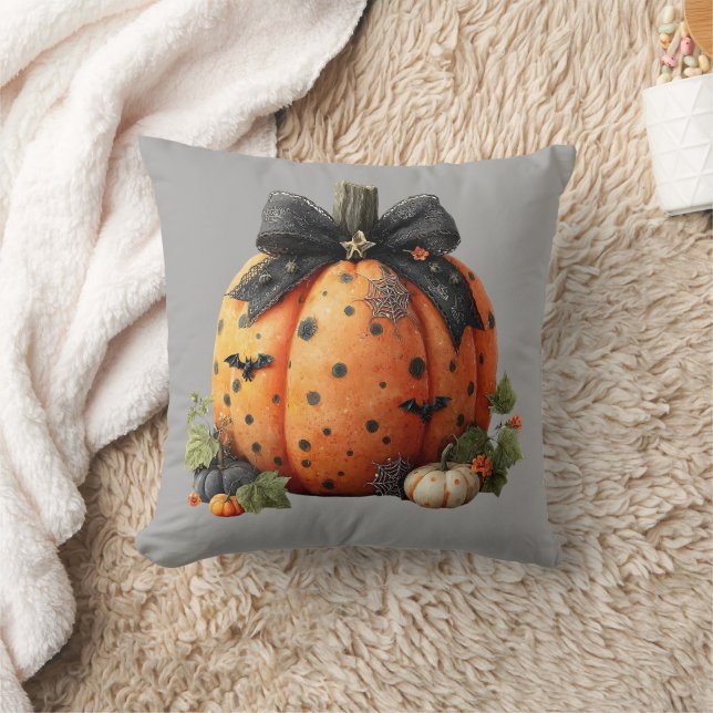 Elegant Halloween Pumpkin with Black Bow Cushion (Blanket)