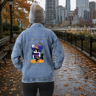 Elegant Halloween Witch Sugar Skull Purple Denim Jacket