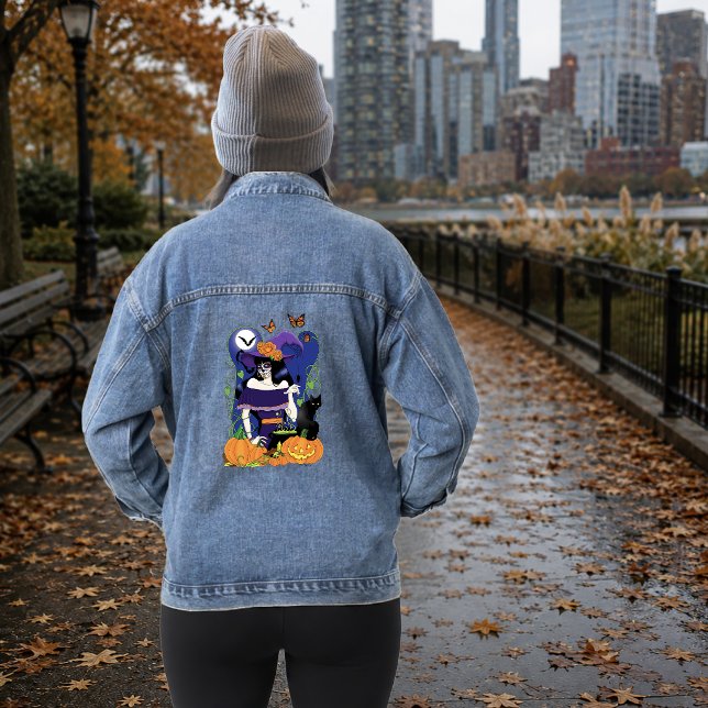 Elegant Halloween Witch Sugar Skull Purple Denim Jacket (Creator Uploaded)