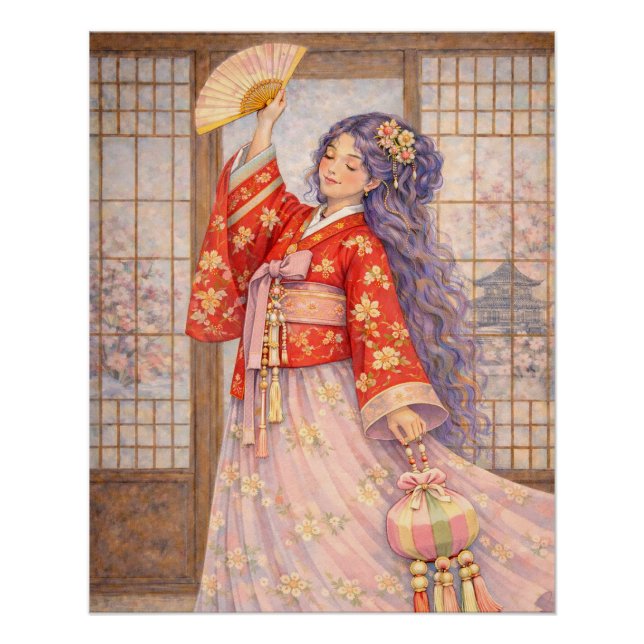 Elegant Hanbok with Fan Poster (Front)