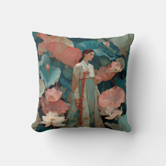 Elegant Hanbok Woman in Pink Lotus Garden Cushion