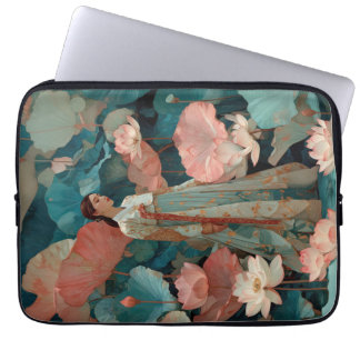 Elegant Hanbok Woman in Pink Lotus Garden Laptop Sleeve