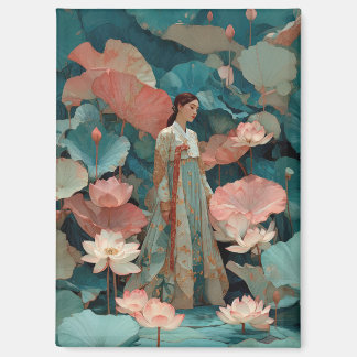 Elegant Hanbok Woman in Pink Lotus Garden Magnet