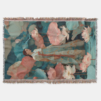 Elegant Hanbok Woman in Pink Lotus Garden Throw Blanket