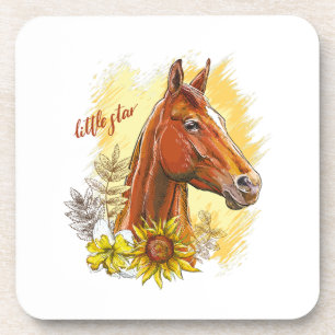 Elegant hand drawing horse with plants and flowers coaster