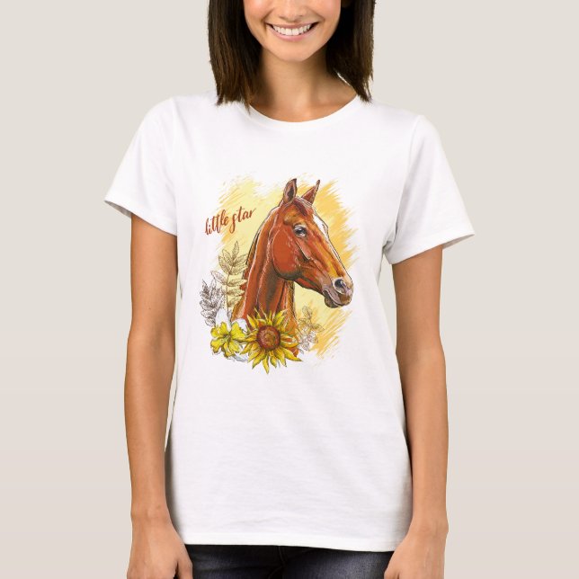 Elegant hand drawing horse with plants and flowers T-Shirt (Front)