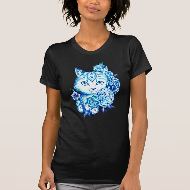 Elegant Hand Drawn 10 Blue Shades Cat Shirt (Front)