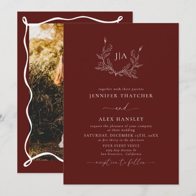 Elegant  Hand Drawn | Botanical Monogram Wedding Invitation (Front/Back)