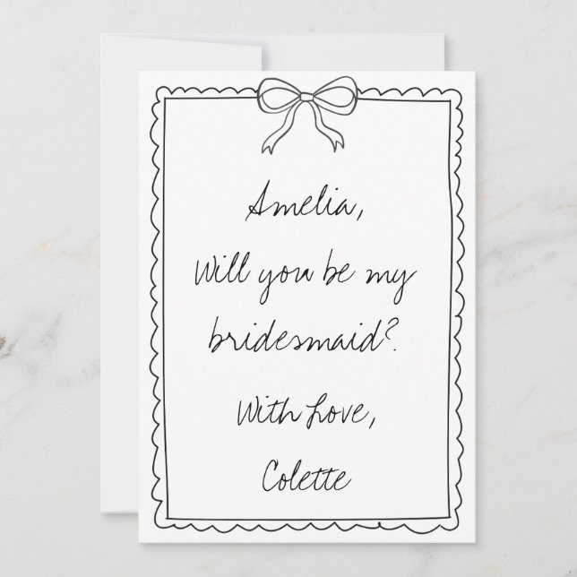 Elegant Hand Drawn Bow Custom Bridesmaid Proposal Card (Front)