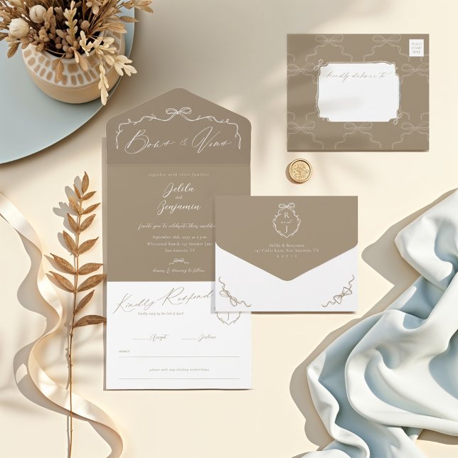 Elegant Hand Drawn Bow & Ribbon Monogram Wedding All In One Invitation (Elegant Hand Drawn Beige Bow & Ribbon Monogram Wedding All In One Invitation)