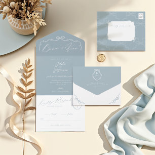 Elegant Hand Drawn Bow & Ribbon Monogram Wedding All In One Invitation