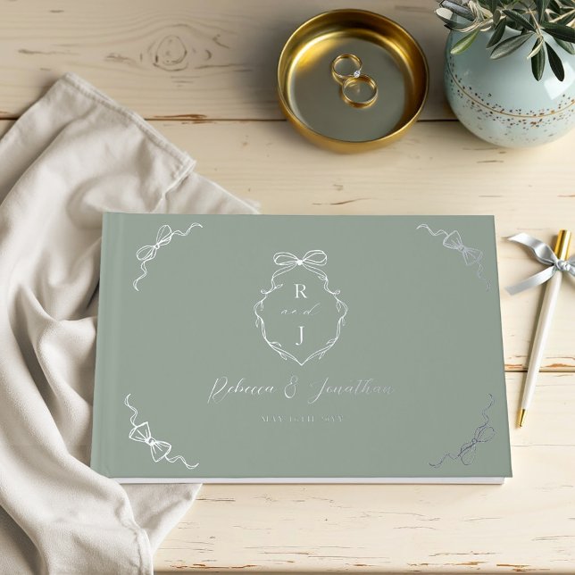 Elegant Hand Drawn Bow & Ribbon Monogram Wedding Guest Book (Elegant Hand Drawn Bow & Ribbon Monogram Wedding Foil Guest Book)