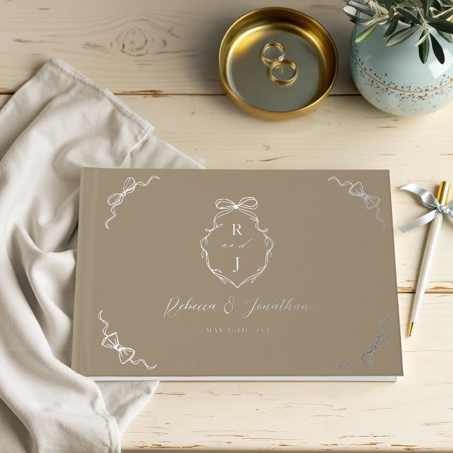Elegant Hand Drawn Bow & Ribbon Monogram Wedding Guest Book (Elegant Hand Drawn Bow & Ribbon Monogram Wedding Foil Guest Book)