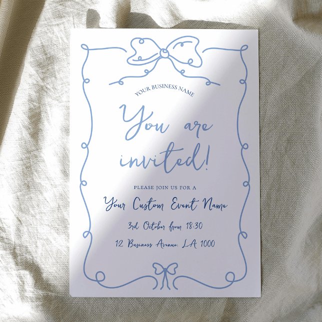 Elegant Hand Drawn Bows Blue Business Event Gala Invitation (Elegant hand-drawn style business event invitation with handwritten style font in blue and white)