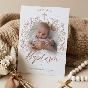 Elegant Hand-Drawn Cross Floral Baptism Photo Invitation