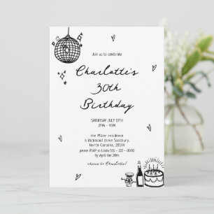 Elegant Hand Drawn disco ball 30th Birthday Invitation