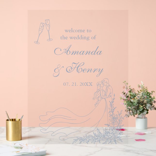 Elegant Hand Drawn Dusty Blue Wedding Welcome Acrylic Sign (Wedding)
