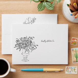 Elegant Hand Drawn Floral Black White Wedding Envelope
