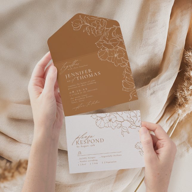 Elegant hand drawn floral golden fall wedding all in one invitation (Elegant hand drawn floral golden fall wedding all in one invitation)