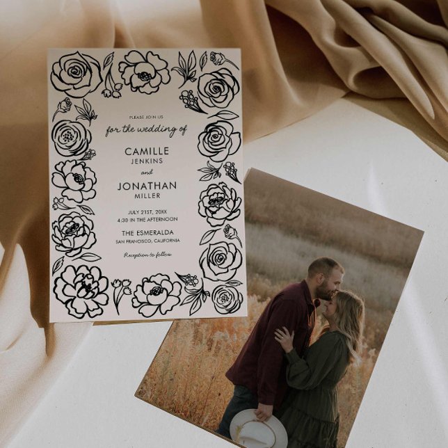 Elegant Hand Drawn Floral Photo Wedding Invitation (Whimsical Hand Drawn Wedding Invitation)
