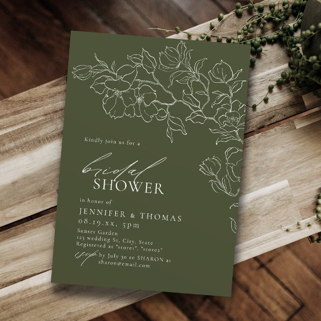 Elegant hand drawn floral sage green Bridal Shower Invitation (Elegant hand drawn floral sage green Bridal Shower Invitation)