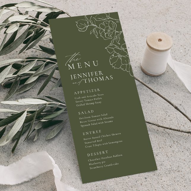 Elegant hand drawn floral sage green wedding menu (Elegant hand drawn floral sage green wedding menu)