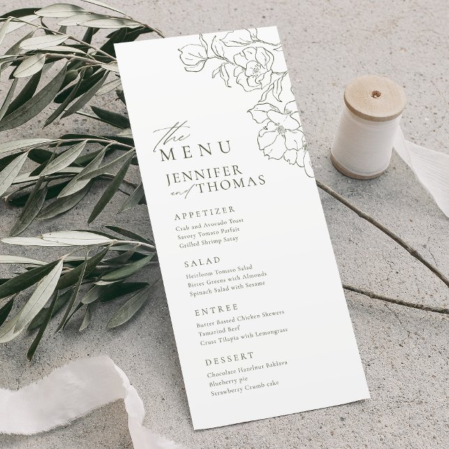 Elegant hand drawn floral sage green wedding menu (Elegant hand drawn floral sage green wedding menu)