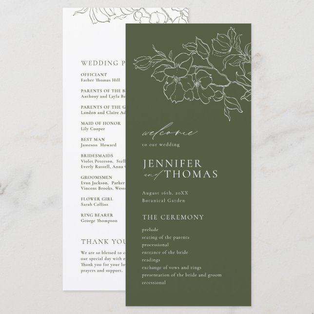 Elegant hand drawn floral sage green wedding programme (Front/Back)