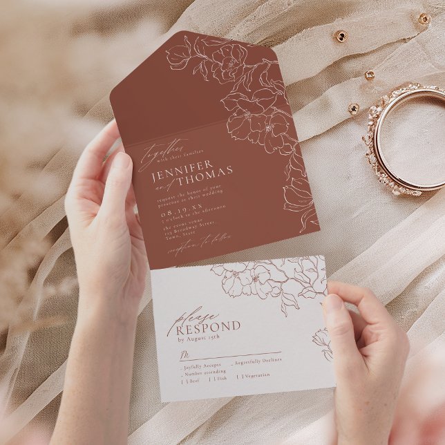 Elegant hand drawn floral terracotta wedding all in one invitation (Elegant hand drawn floral terracotta wedding all in one invitation)