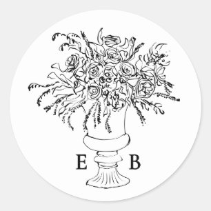 Elegant Hand Drawn Floral Wedding Monogram Classic Round Sticker