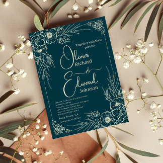 Elegant Hand-Drawn golden Flowers. Wedding Invitation