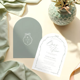 Elegant Hand Drawn Green Bow & Ribbon Arch Wedding Invitation