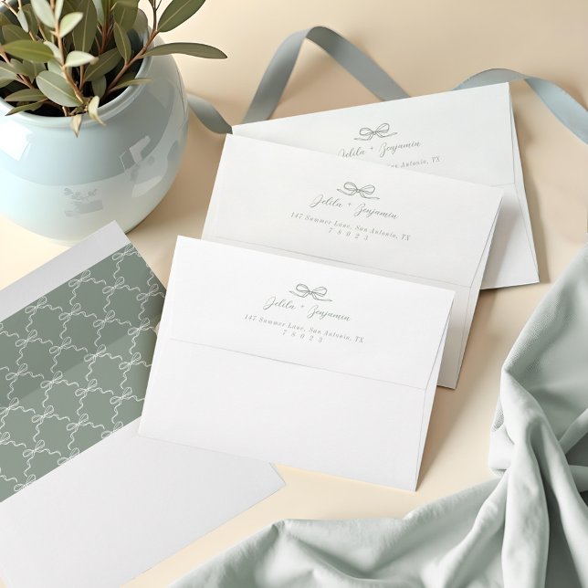 Elegant Hand Drawn Green Bow & Ribbon Wedding Envelope (Elegant Hand Drawn Green Bow & Ribbon Wedding Envelope)