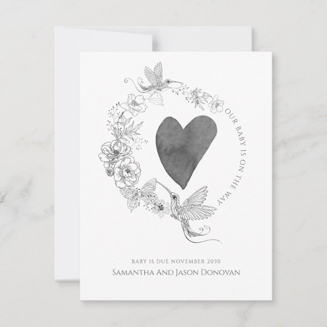 Elegant Hand Drawn Hummingbird Floral Wreath Heart Announcement (Front)
