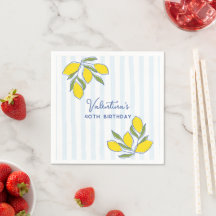 Elegant Hand Drawn Lemons Blue Stripes Party