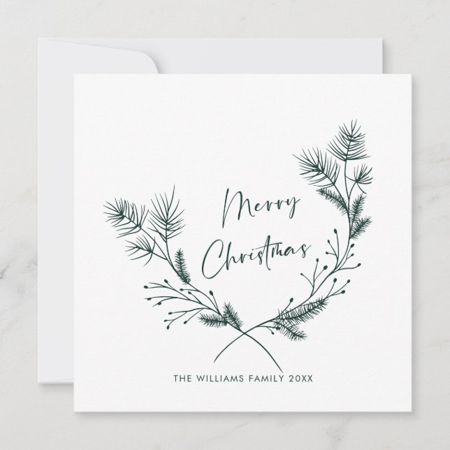 Elegant Hand Drawn Minimalist Christmas Wreath Holiday Card (Front)