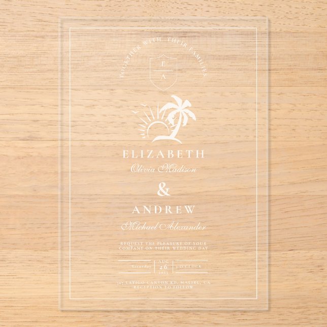 Elegant Hand Drawn Palm Tree Wedding Acrylic Invitations (Front)