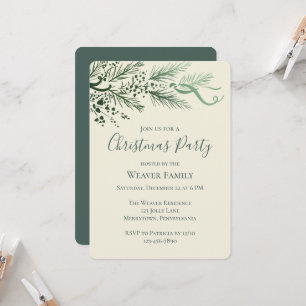 Elegant Hand Drawn Pine Sage Christmas Party Invitation