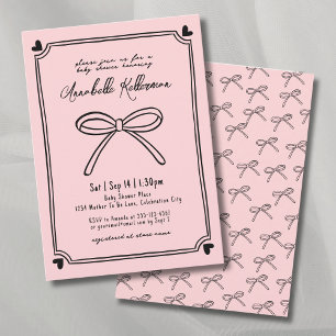 Elegant Hand Drawn Pink Bow Baby Shower Invitation