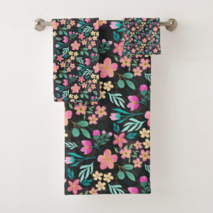 Elegant Hand-Drawn Pink Floral Black Design Bath Towel Set