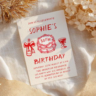 Elegant Hand Drawn Red Cake 30th Birthday Invitation