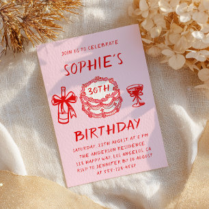 Elegant Hand Drawn Red Cake 30th Birthday Invitation