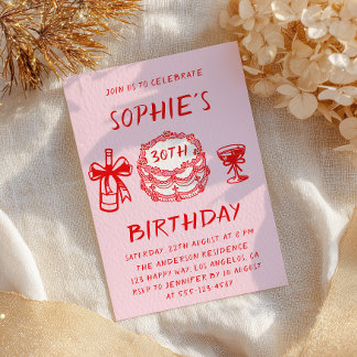 Elegant Hand Drawn Red Cake 30th Birthday Invitation