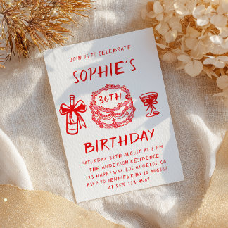 Elegant Hand Drawn Red Cake 30th Birthday Invitation