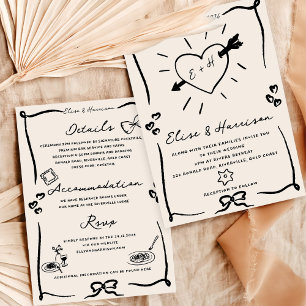 Elegant Hand Drawn Retro Black Wedding Invitation