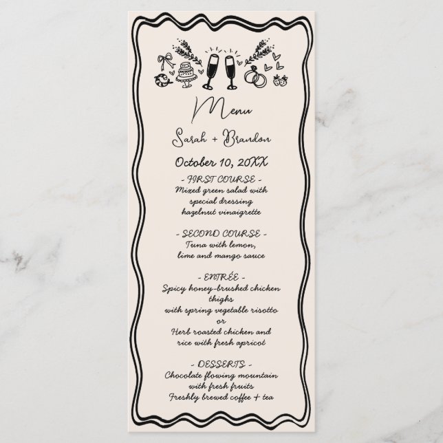 Elegant Hand Drawn Retro Black Wedding Menu (Front)
