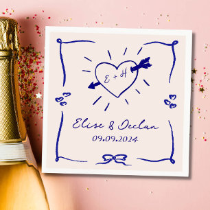 Elegant Hand Drawn Retro Blue Wedding Napkin